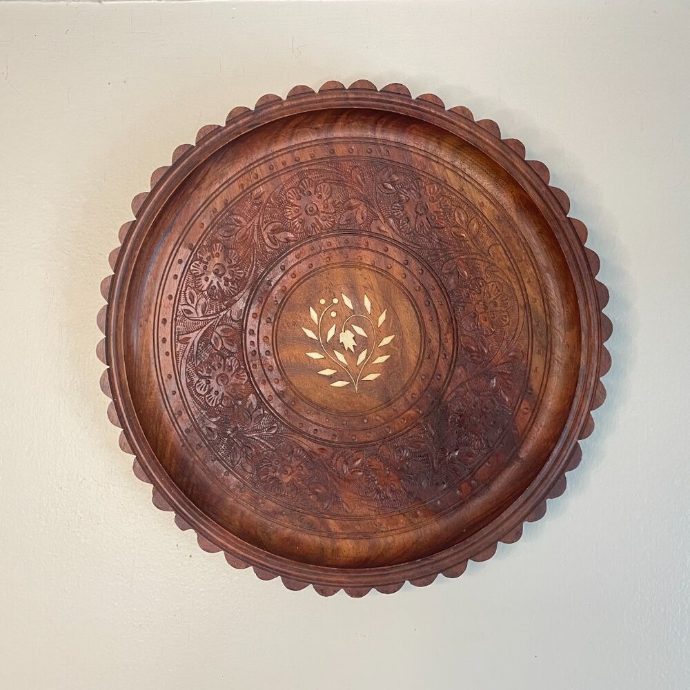 Vingtage Teak Inlaid Tray w/ Scallopped Edge Wall Mount